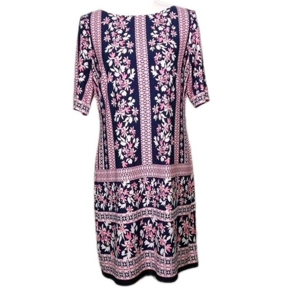 Eliza J Shift Dress 10 P Short Sleeve Geometric Floral Pink Gold Zip Palm Beach‎